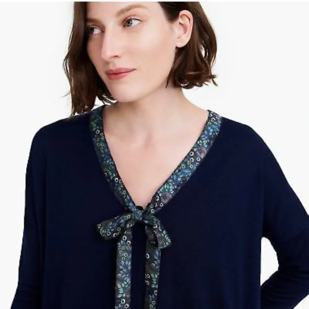 Abigail Borg x J.Crew Navy Wool Sweater Tie Neck Bow Long Sleeve Size S